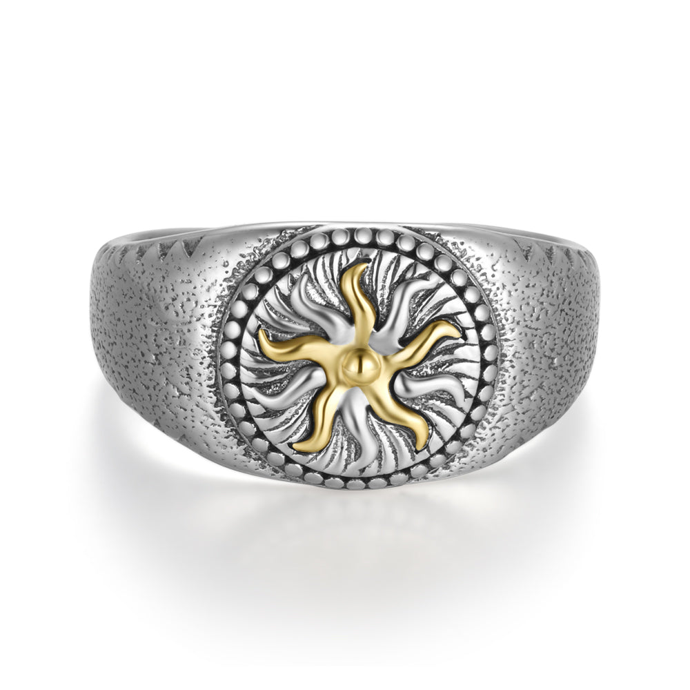 Sunfire,ring with sunfire and Soma flower totems, handcrafted using intricate gold and silver inlay techniques — symbolizing the Yi people's reverence for the sun, nature, and life, and reflecting their rich cultural heritage.