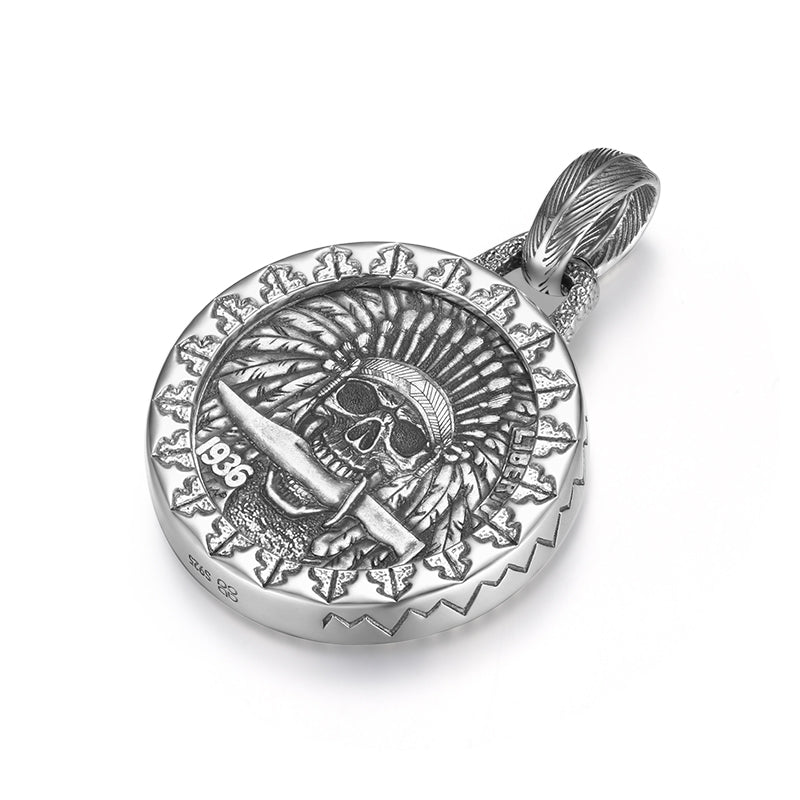 Chief pendant necklace in polished sterling silver features a finely engraved ancient coin
