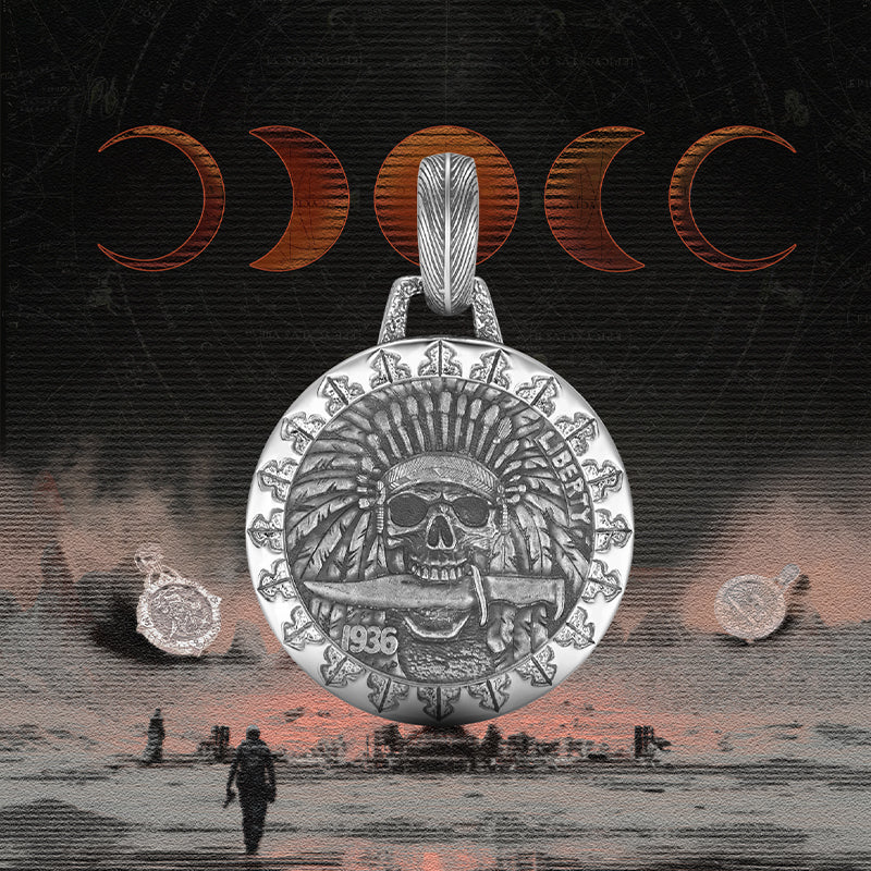 Chief pendant necklace in polished sterling silver features a finely engraved ancient coin